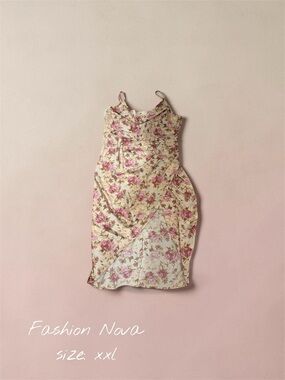 Fashion Nova Cream Floral Midi Dress with Pink Roses